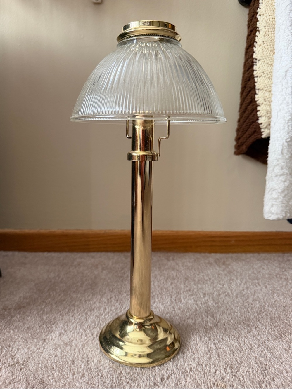 Partylite Brass Table Lamp with Ribbed Glass Shade - Gold
